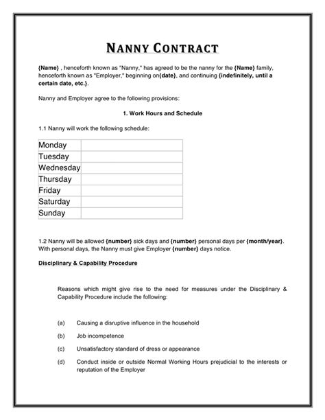 Printable Nanny Contract Template